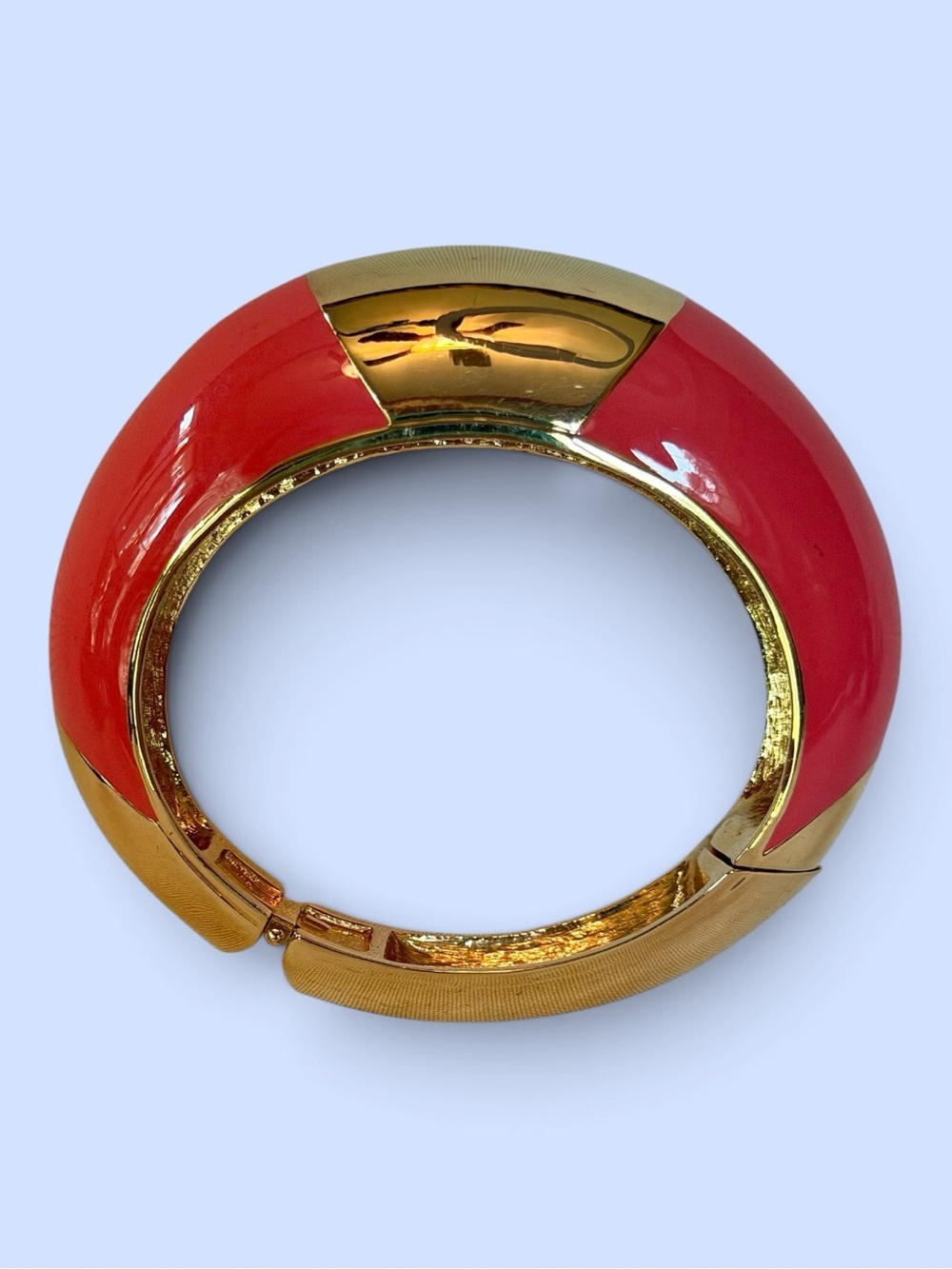 CC SKYE Coral Pink Enamel Gold Tone Hinged Statement Bangle Bracelet Marked